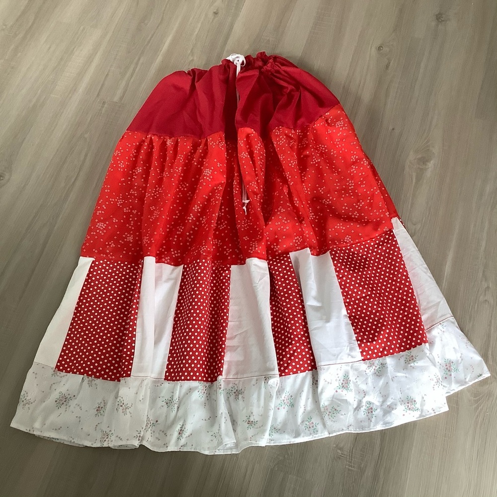 Red Patchwork Skirt Long Adjustable Drawstring Wa… - image 1